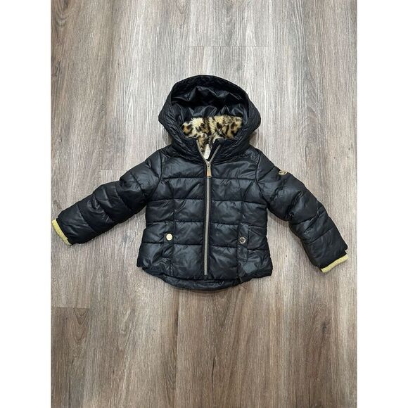 Kids Black Puffer Jacket with Leopard Print Fur Hood‎ Winter Coat Warm Outerwear - Picture 1 of 11